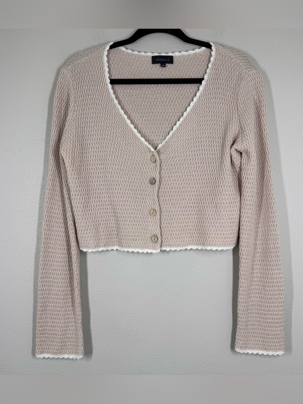 Majorelle Devani Crochet Cardigan Sand Scalloped Hem Feminine Cottagecore Medium